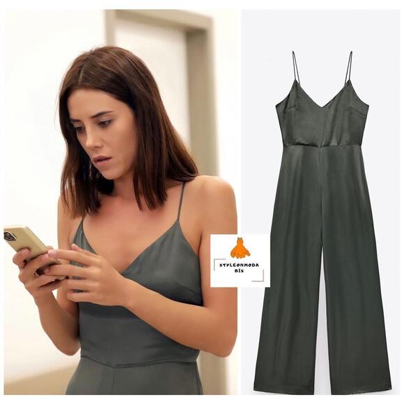 ZARA LONG SATIN EFFECT JUMPSUIT DARK GREEN - Picture 2 of 9